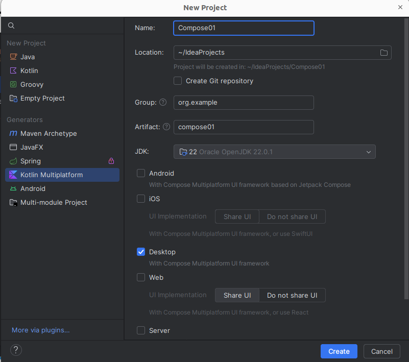 Selecting a Kotlin Multiplatform project on IDEA